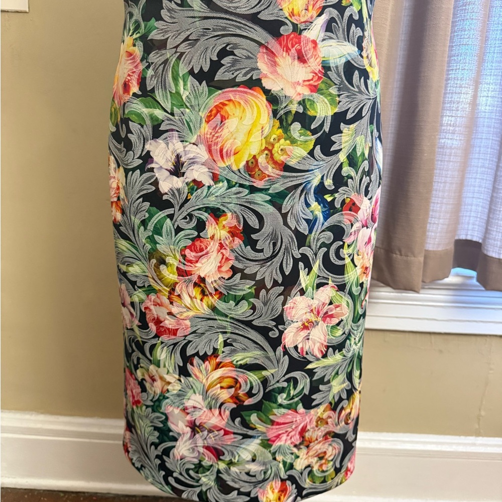 Floral Pencil Skirt in Black with Multicolor Bloom